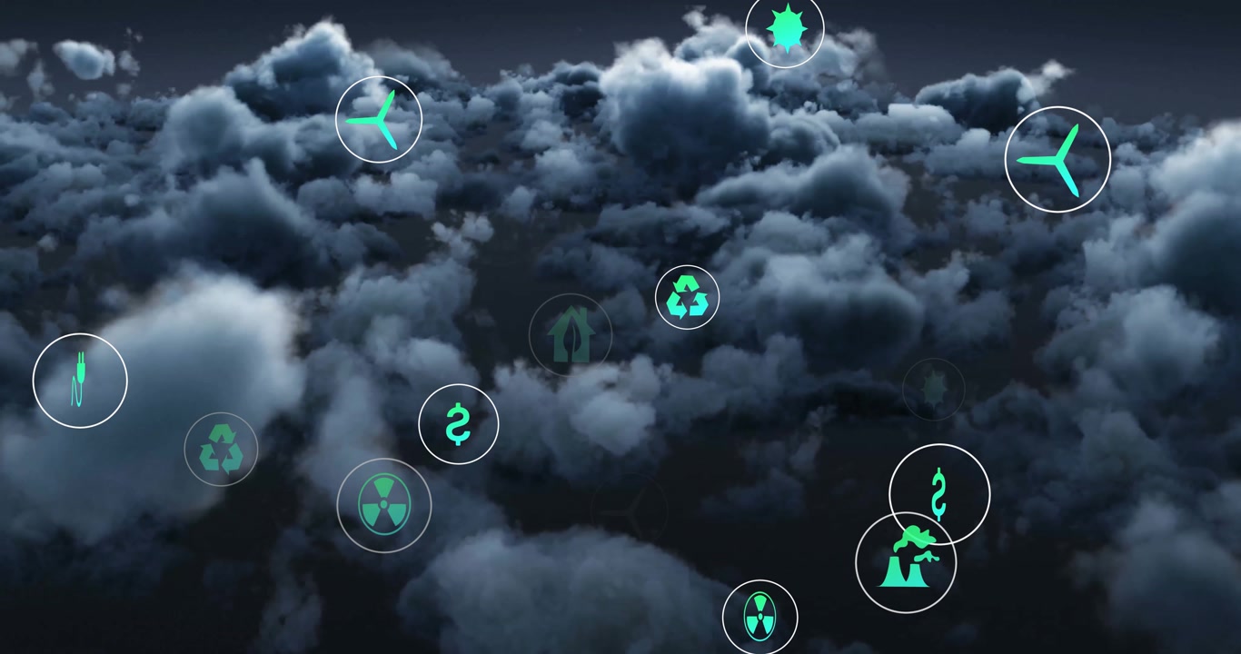 Dark cloudy sky opening as neon green icons forming, pulsing and drifting to show energy cycles
