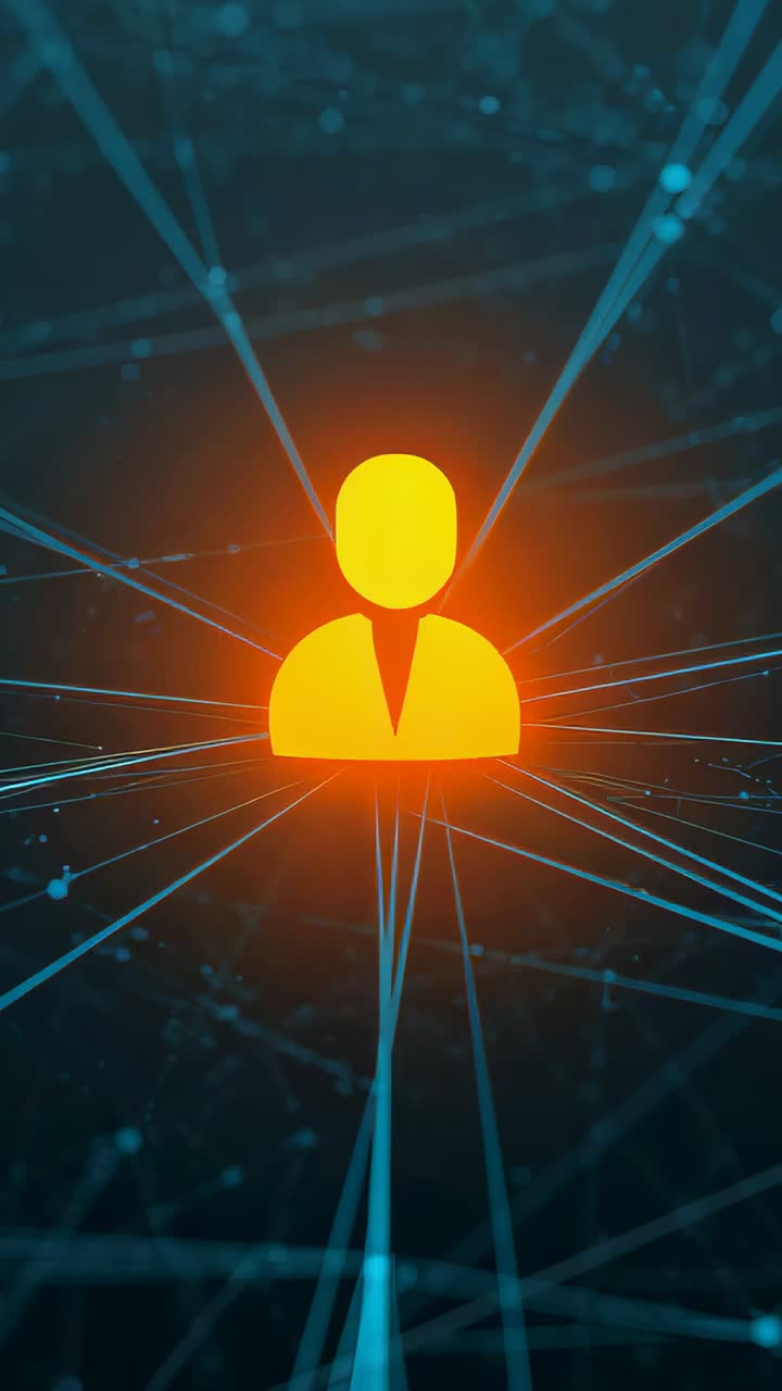 Vertical video: Glowing orange avatar V-collar scaling as cyan beams converging, signaling network
