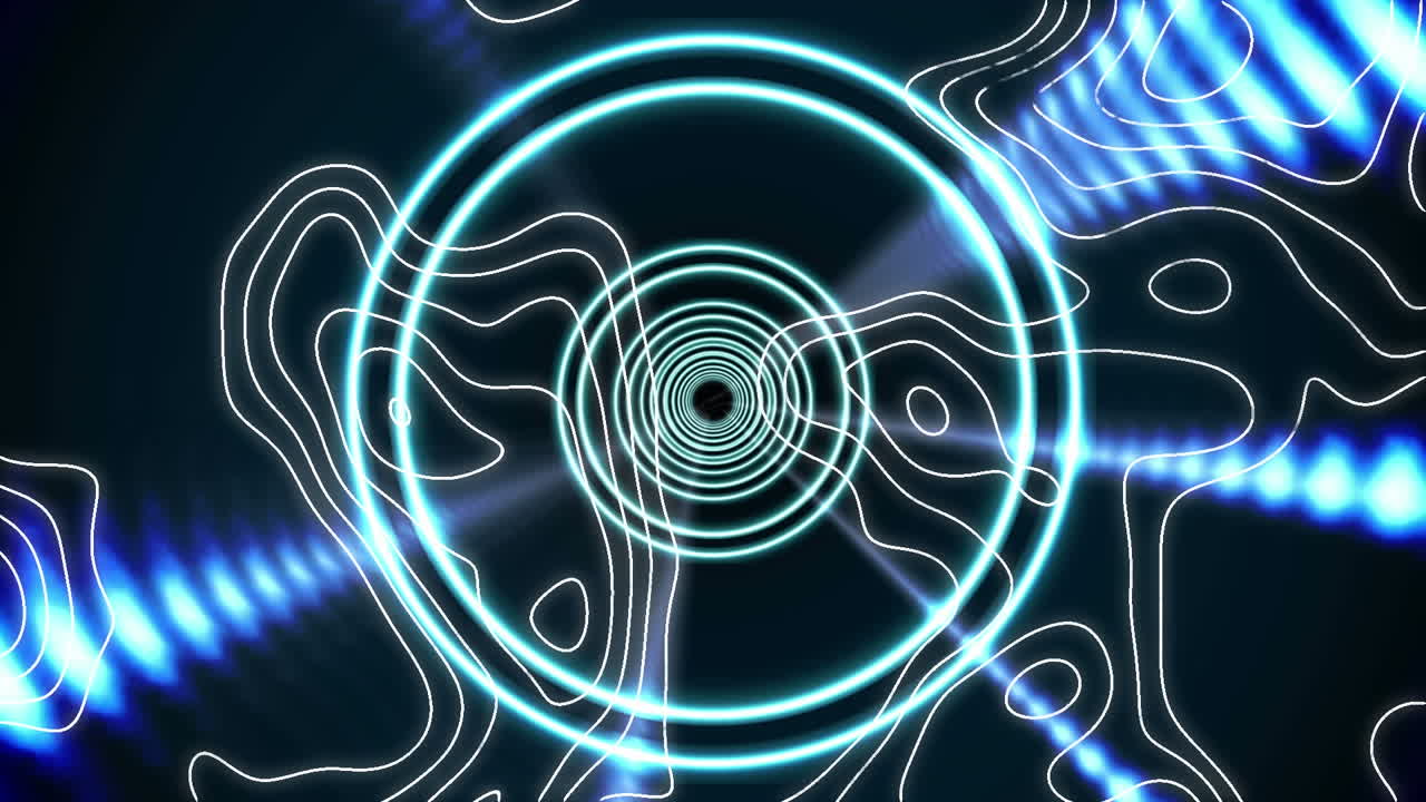 animación de líneas blancas y círculos brillantes girando en un túnel de luces brillantes