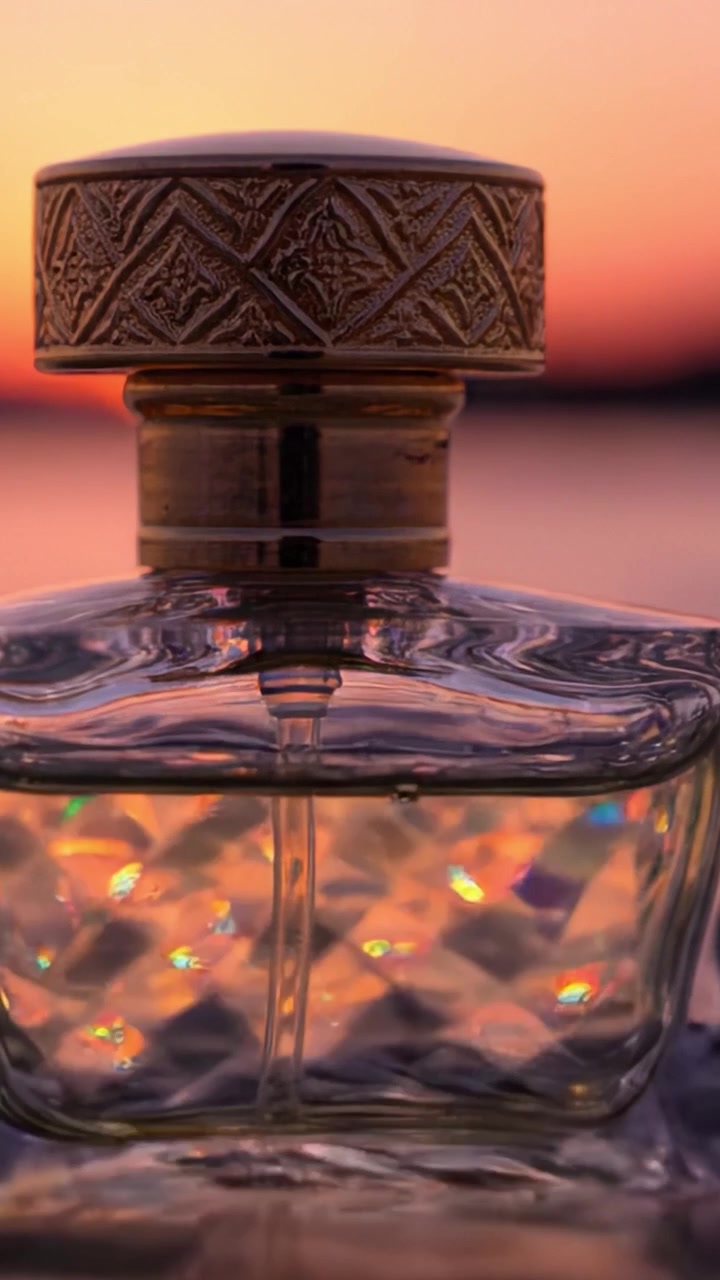 Essenza accattivante: un primo piano di una lussuosa bottiglia di profumo contro un magnifico tramonto, che ne evidenzia il design unico e i riflessi radiosi.