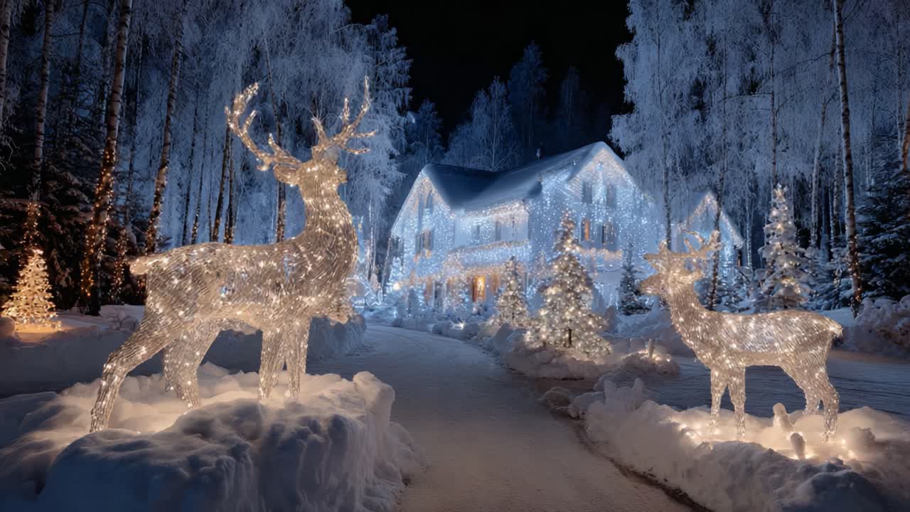 A Magical Winter Wonderland with Illuminated Reindeer and a Beautifully Decorated House Surrounded by Snowy Trees and Festive Lights
