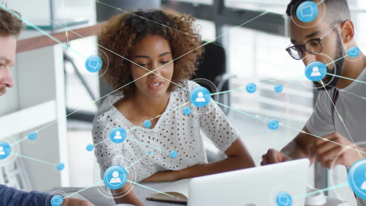 Collaborating diverse colleagues with network of connections and social media icons animation