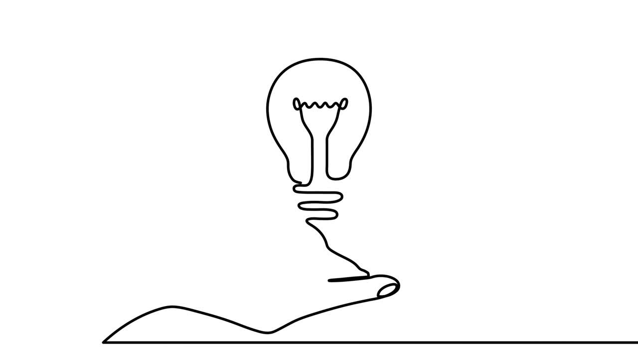 Continuous one line animated drawing of hand holding electric light bulb at palm arm. Concept of idea emergence or generate and giving business ideas. 4k video