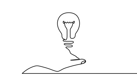 continuous one line animated drawing of hand holding electric light bulb at palm arm. concept of idea emergence or generate and giving business ideas. 4k video