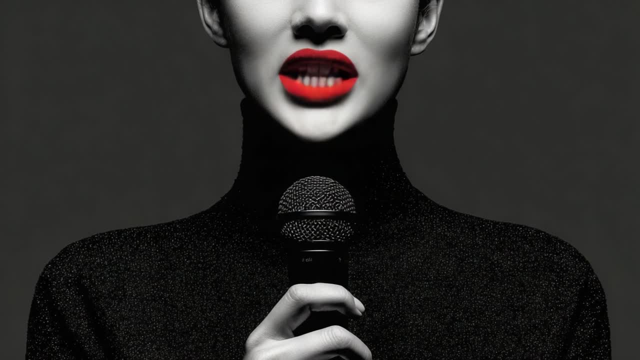 A Captivating Monochrome Portrait Featuring a Model with Striking Red Lips, Grasping a Microphone with an Air of Confidence and Poise in an Elegant Setting