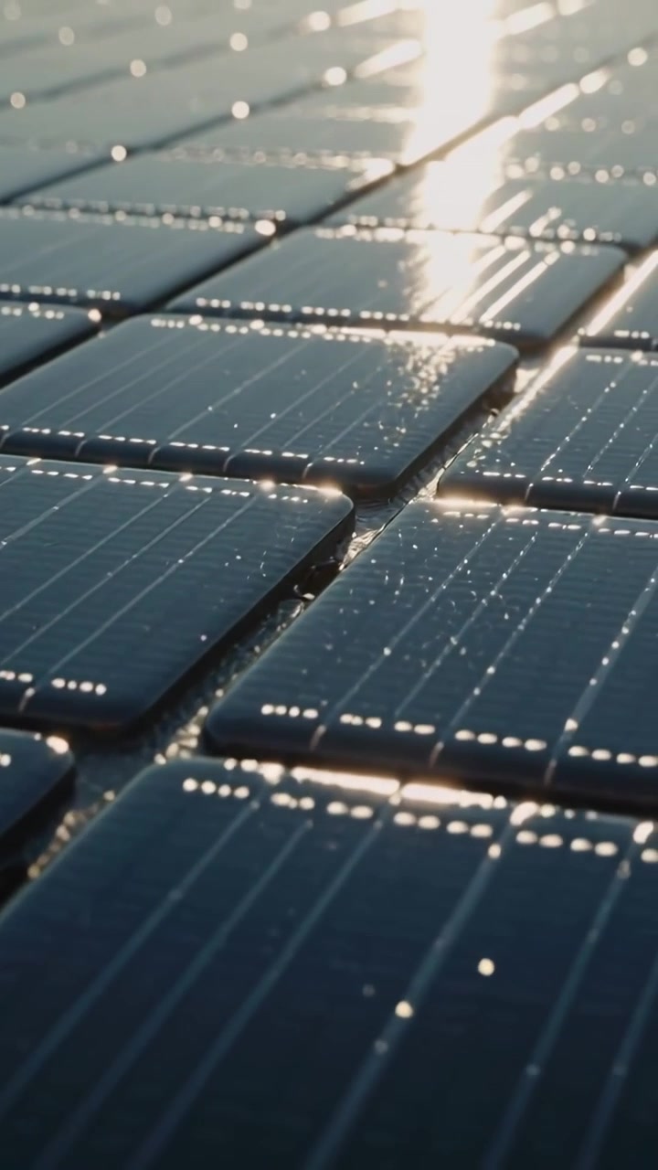 Video verticale: La telecamera si sposta mostrando un impianto solare, con il riflesso del sole che scivola sui pannelli e la rugiada che scintilla.
