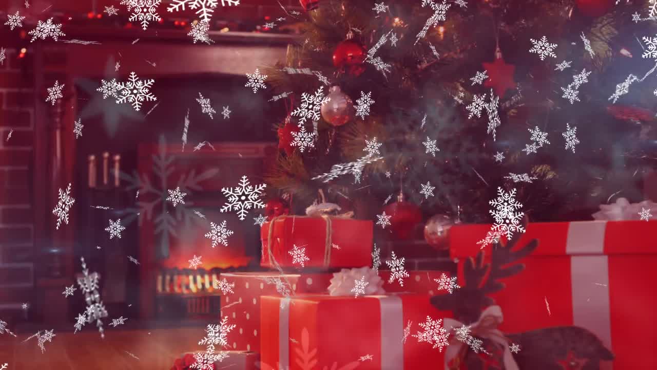 장식 된 크리스마스 트리, 선물 및 눈이 떨어지는 애니메이션