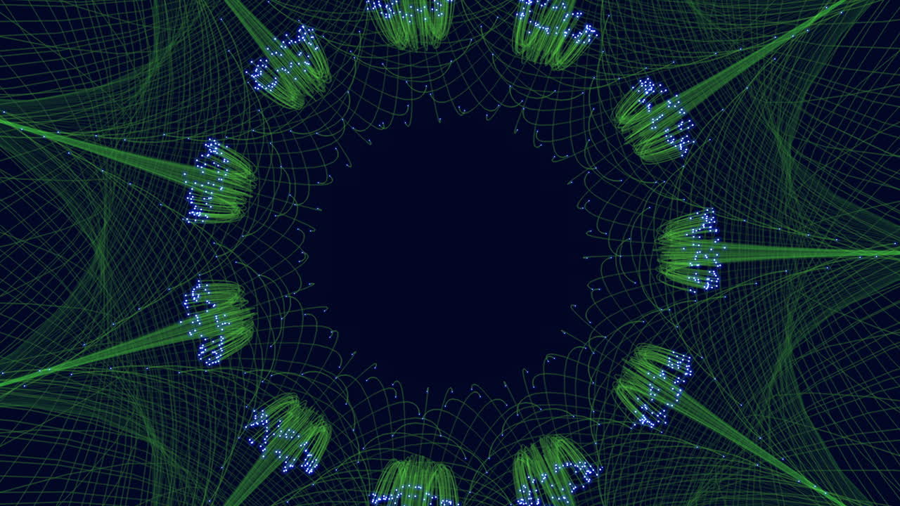 patrón en espiral verde y azul entrelazado contra un fondo negro