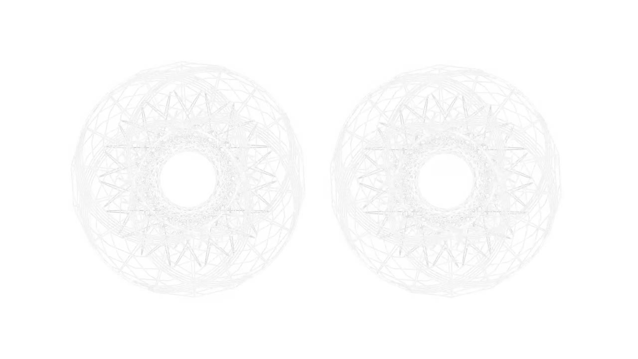Digital animation of two circular geometric shape spinning against white background