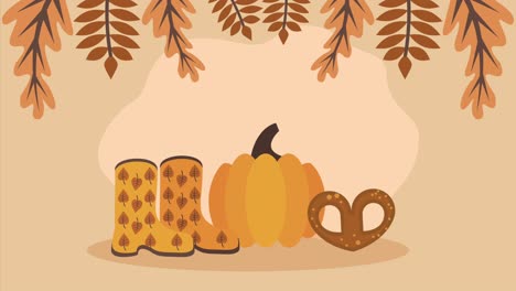 herbststiefel und kürbis mit brezel
