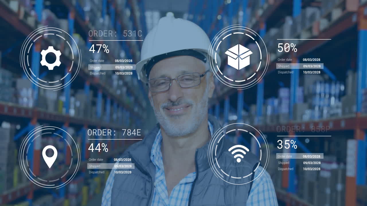 Warehouse worker wearing hard hat with data processing animation overlay