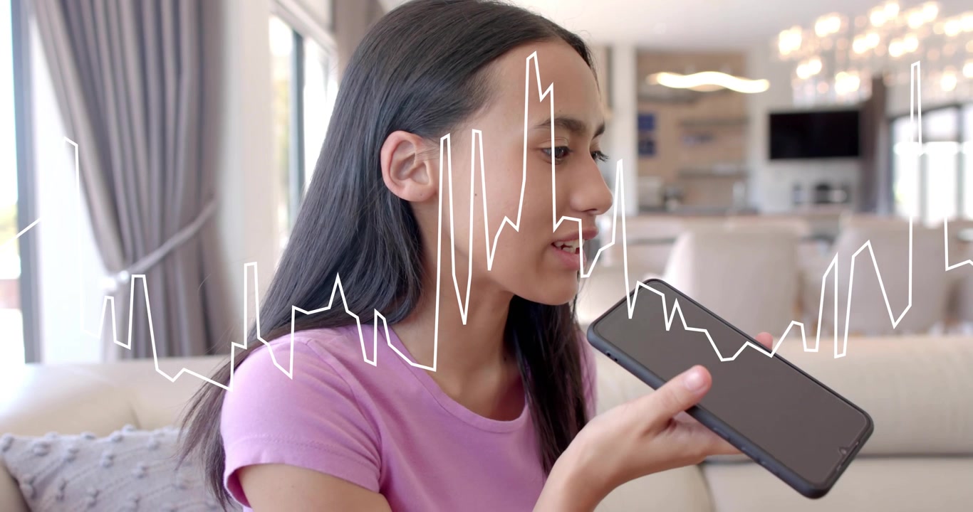 Teenage girl lifting phone asking assistant in technology with animated waveform rising