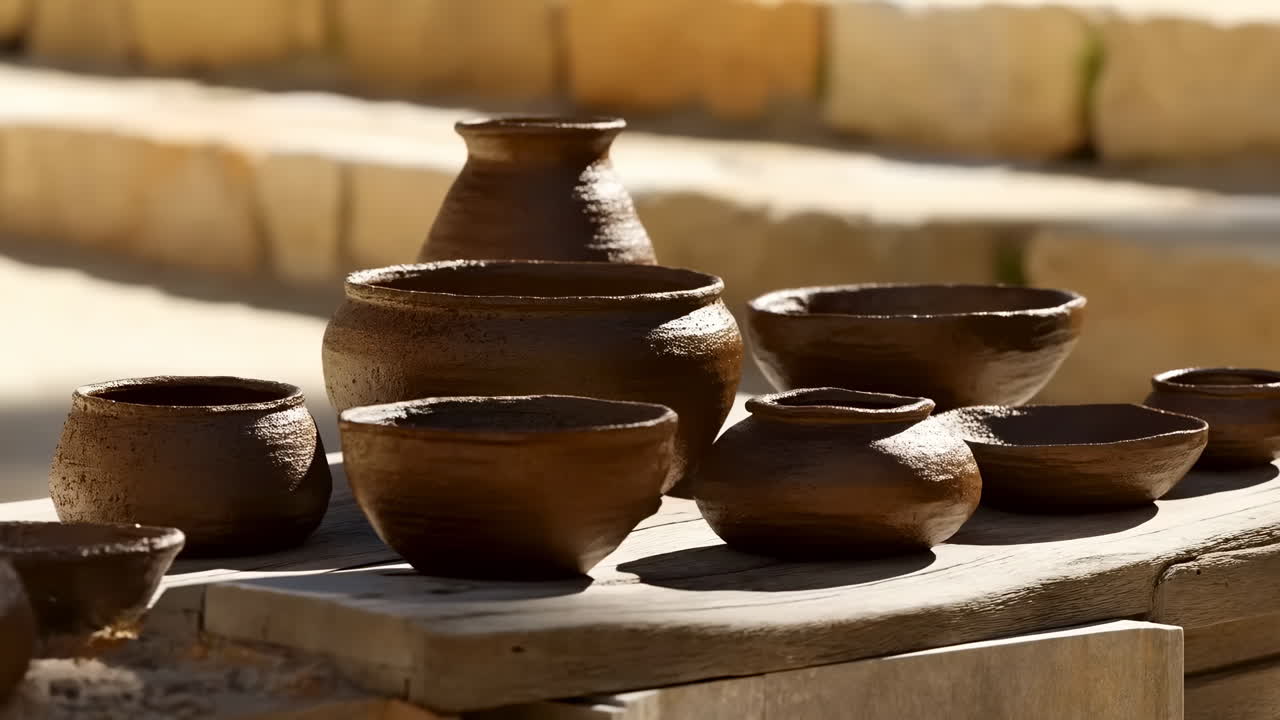 Sırlıdan fırınlanmamışa doğru renk değiştiren el yapımı kil çömlekler