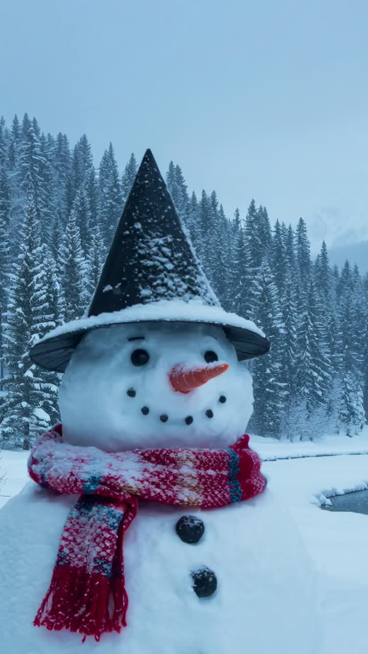 Vertical video: Pulling back shot showing snowman with hat, scarf and river in valley, copy space