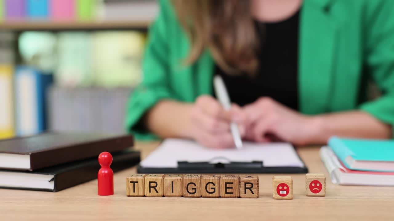 Wooden Blocks Spelling Trigger with a Person Writing