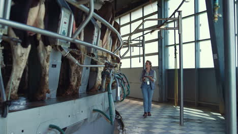 Livestock-worker-collecting-data-on-dairy-farm.-Woman-inspect-suction-machinery