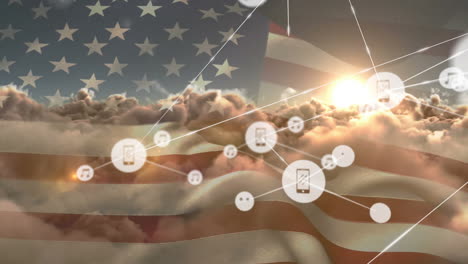 animation of network of connections of icons with smartphones over usa flag and clouds