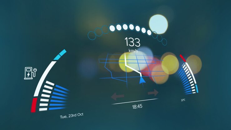 Animation of electric car speedometer data processing over city