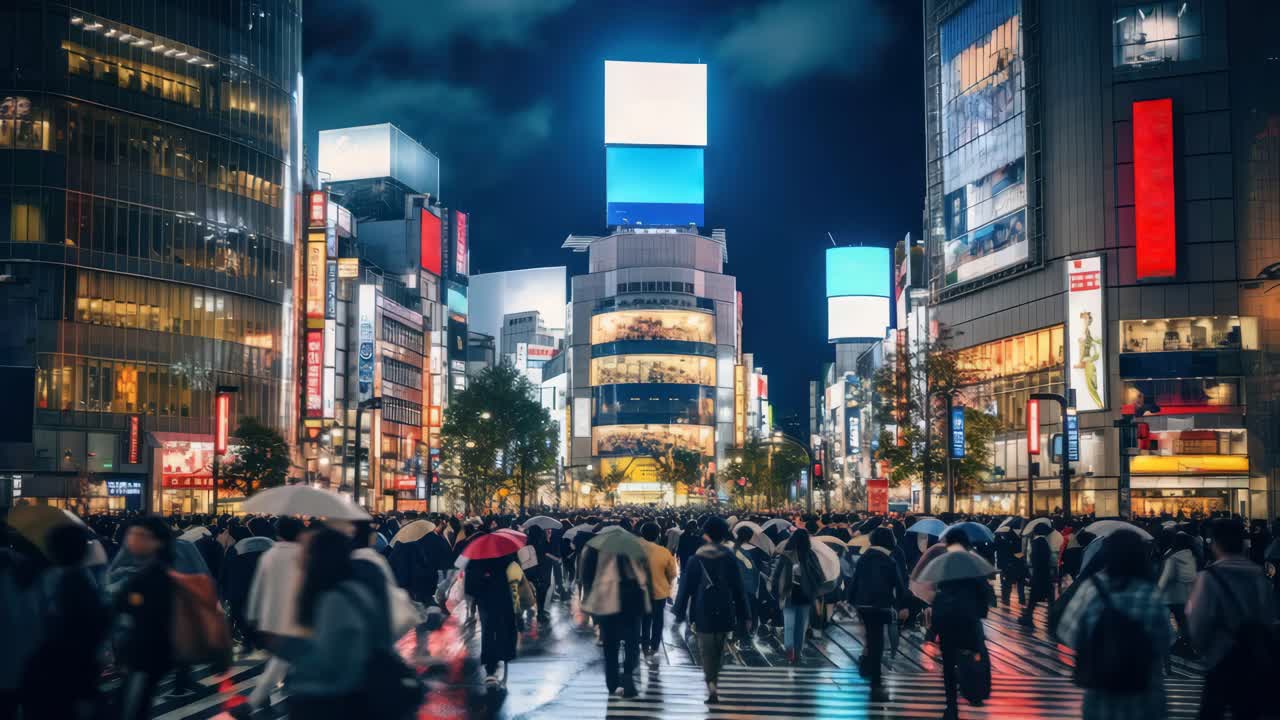 A bustling cityscape at night, captured from a low angle