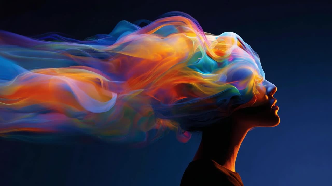 A vibrant explosion of multicolored wisps emanates from the head of a silhouette, symbolizing creativity, imagination, and the endless possibilities of the human mind and spirit