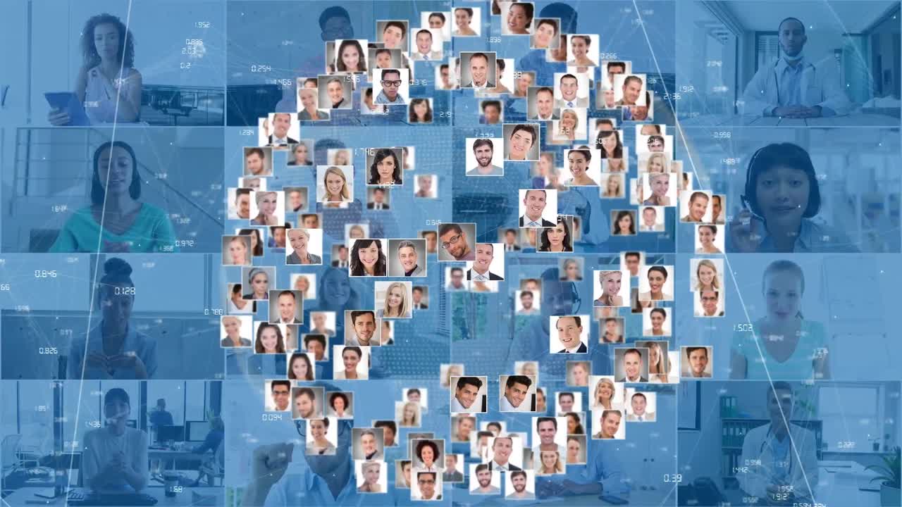 비디오 통화를 하는 다양한 비즈니스 사람들과의 사람 아이콘과의 연결 네트워크의 애니메이션