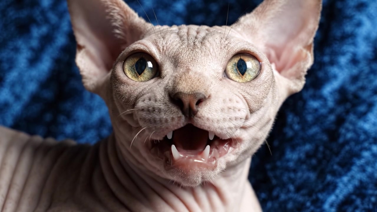 Um Adorável Gato Sphynx Capturado em Duas Imagens: Um Close-up de suas Características Únicas e Olhos Expressivos Contra um Fundo Azul Vibrante