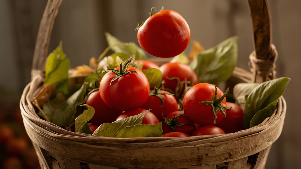 Hovering tomato descending onto tomatoes in basket then settling with basil leaves on tabletop