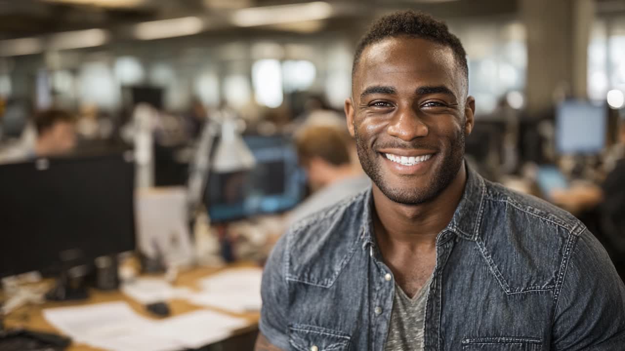 A Confident Young Man Smiling Brightly in a Modern Office Environment Surrounded by Colleagues Engaged in Work Activities at Desks with Computers
