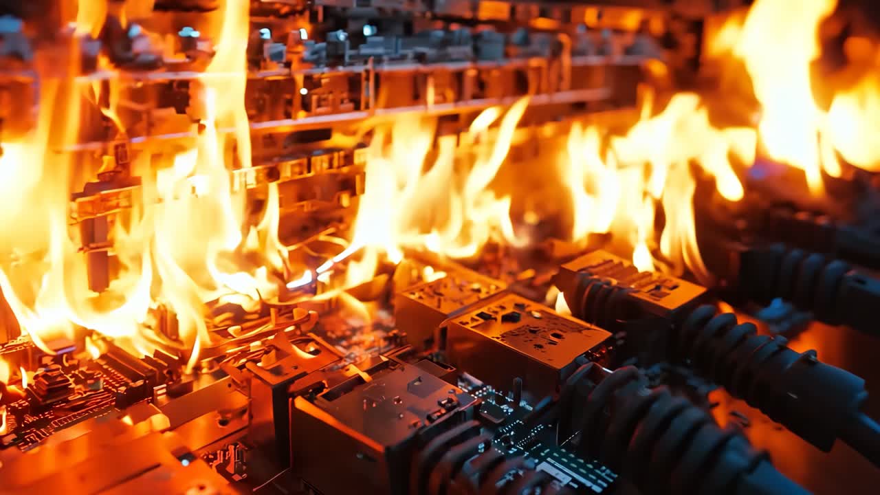 서버 방에서 불타는 이더넷 케이블 한 어리