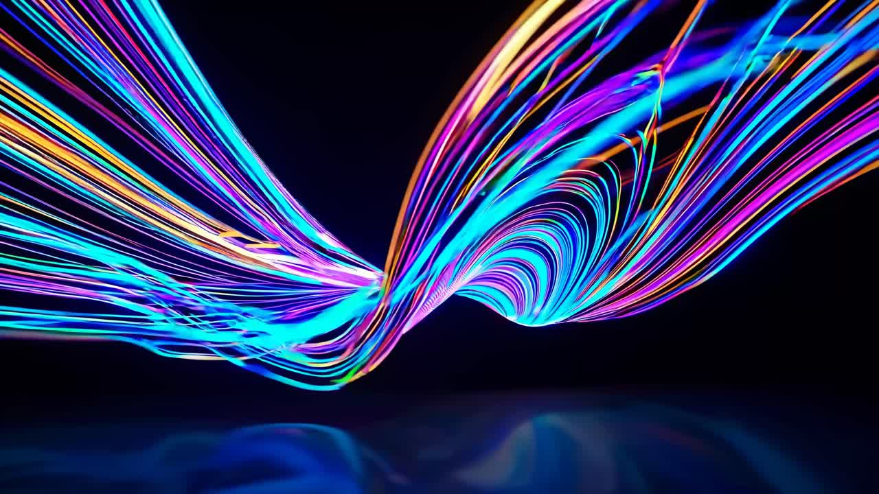 Dynamic video concept with vibrant neon light trails creating a wave effect