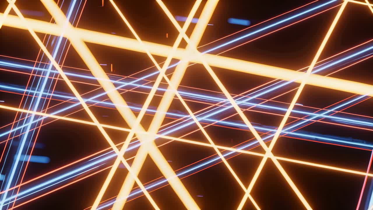 Opening crossing orange or cyan beams slanting and pulsing, packing center in void, red blue particl