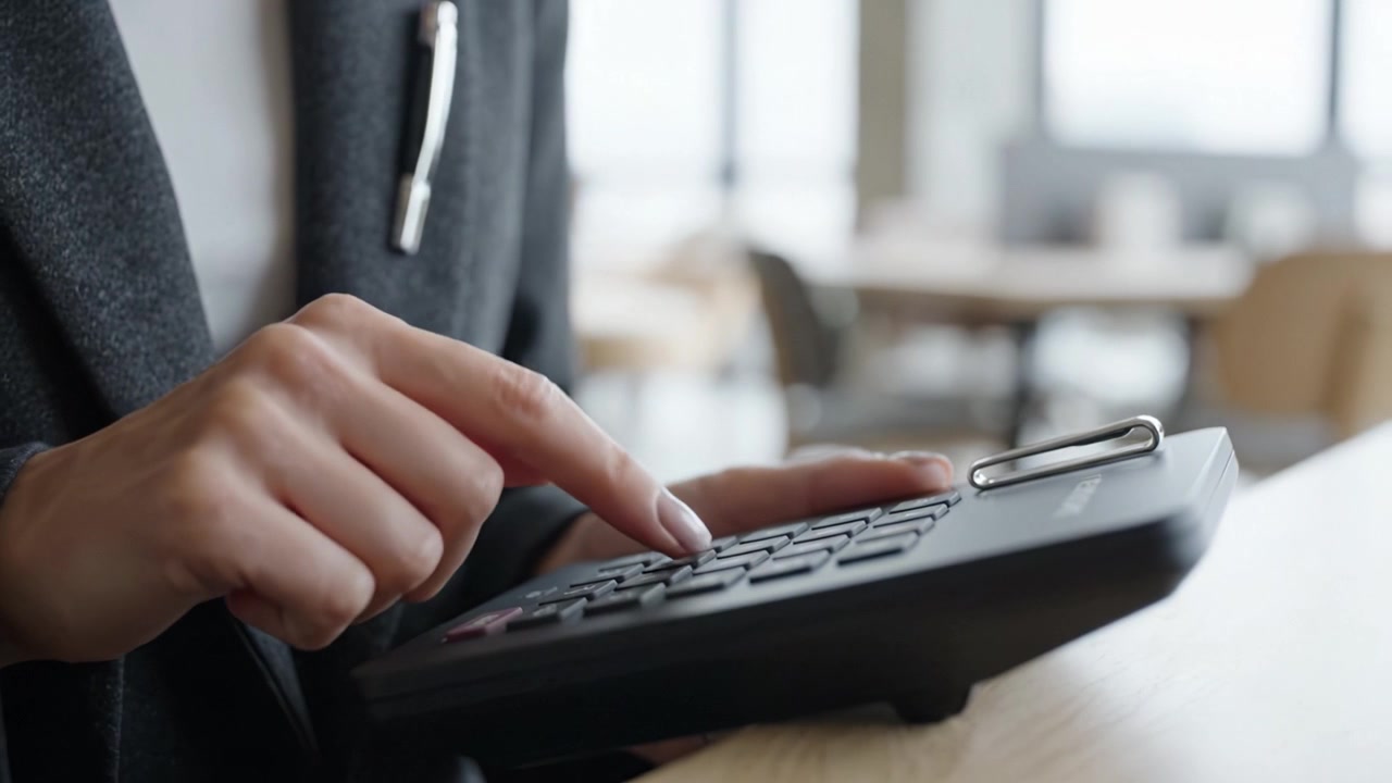 Erhvervsprofessionel bruger lommeregner på et moderne kontor til finansielle beregninger og produktivitetsforbedring i den daglige drift
