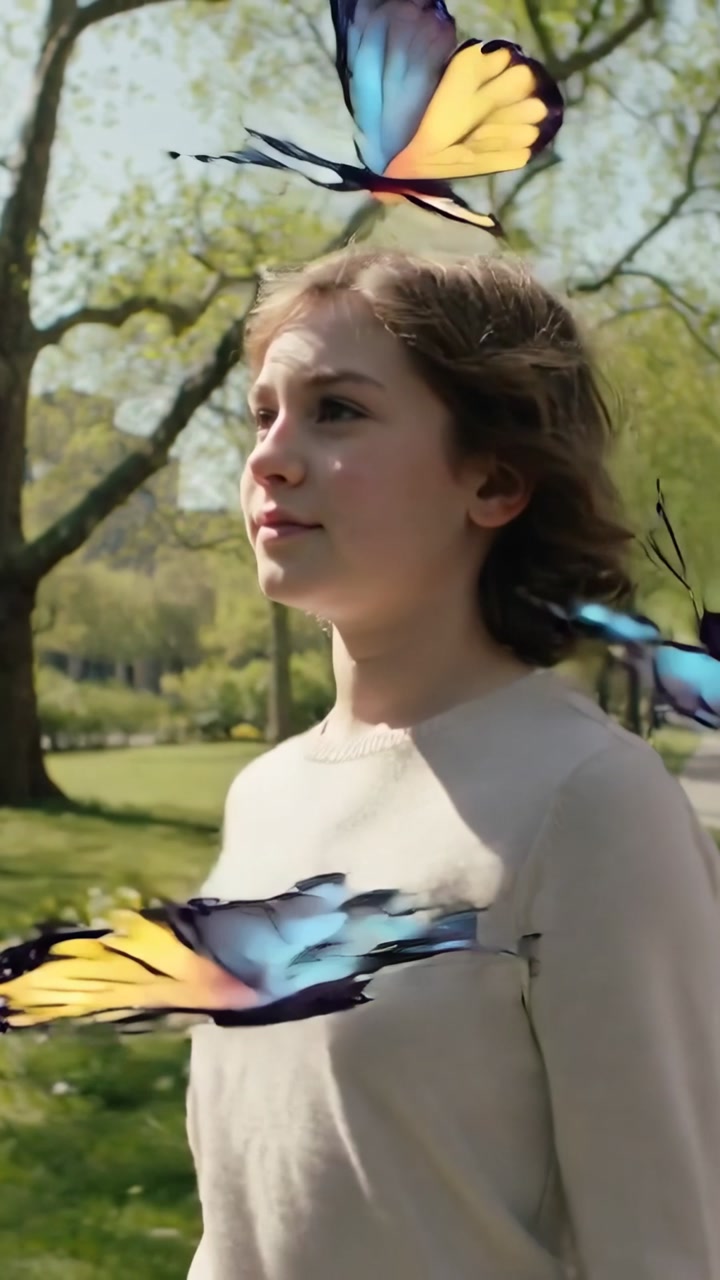 Vertical video: Walking teen girl noticing butterflies, pausing, looking up in park, beige top