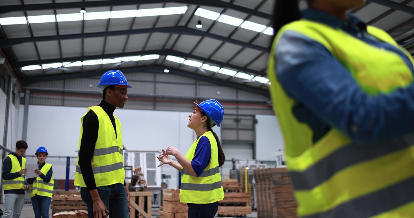 Diverse Team of Warehouse Workers Discussing Logistics in Industrial Facility