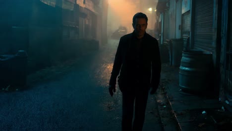 mysterious man in a foggy alley