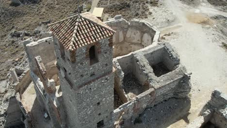 dramatic aerial view of a church and village destroyed and abandoned during the spanish civil war 1936-39