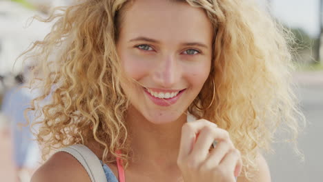 blonde woman, face and happy tourist on holiday
