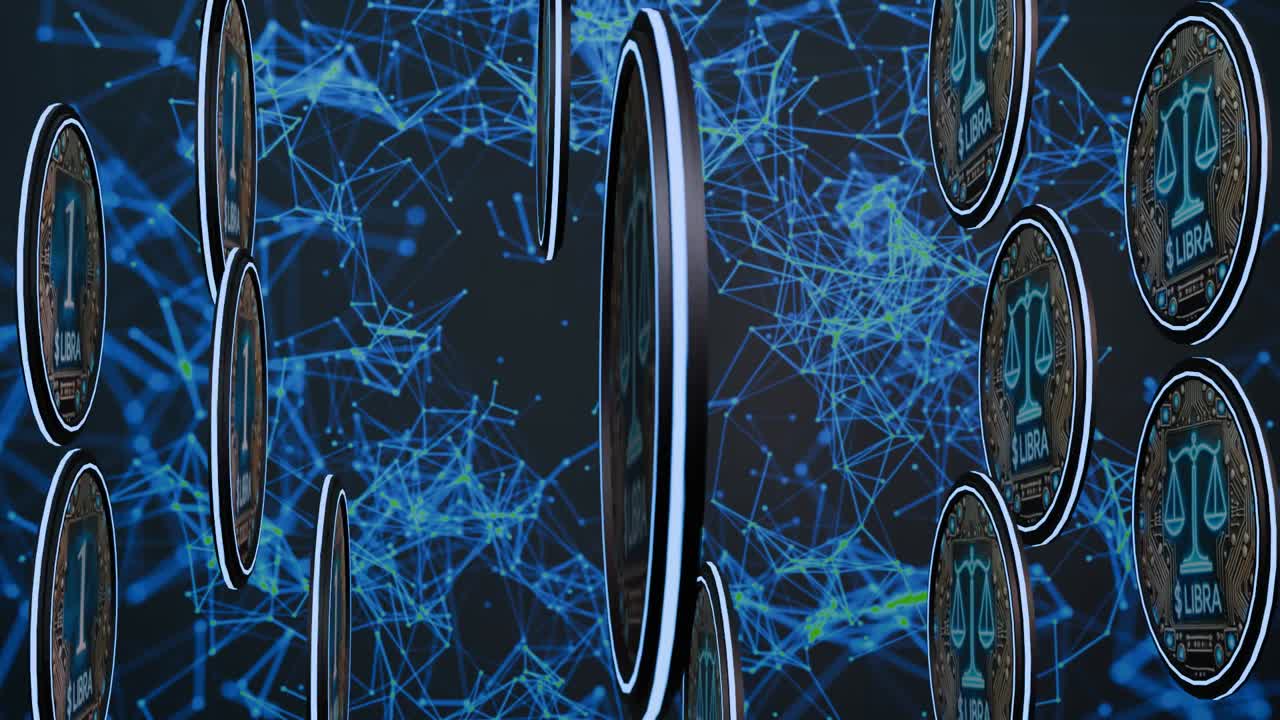 Digital cryptocurrency libra coins rotating and falling on futuristic network background, representing global financial technology and digital currency innovation