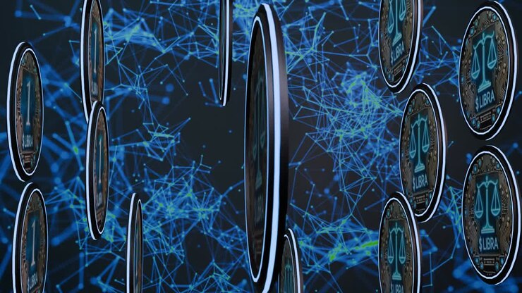 Digital cryptocurrency libra coins rotating and falling on futuristic network background, representing global financial technology and digital currency innovation