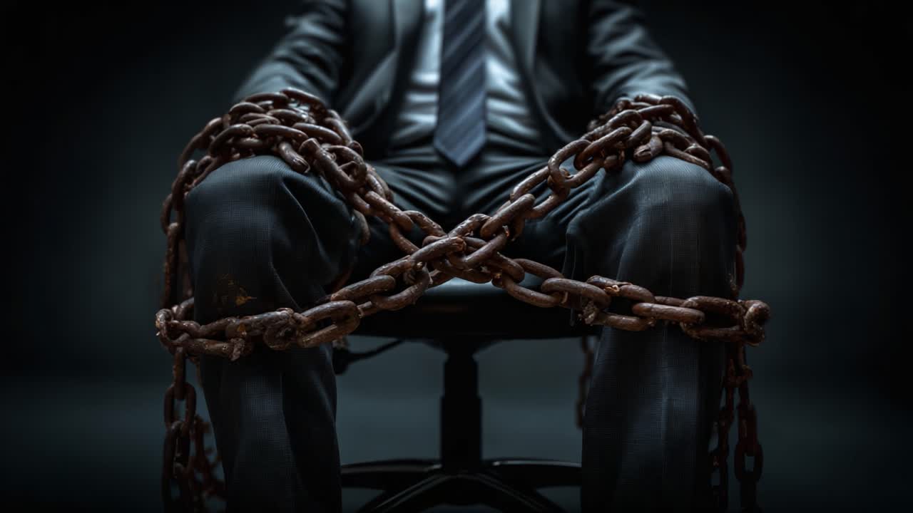 Un Contrasto Potente: L'Immagine Suggestiva di un Uomo d'Affari Incatenato, che Simboleggia la Lotta Contro Restrizioni e Vincoli nella Vita Professionale