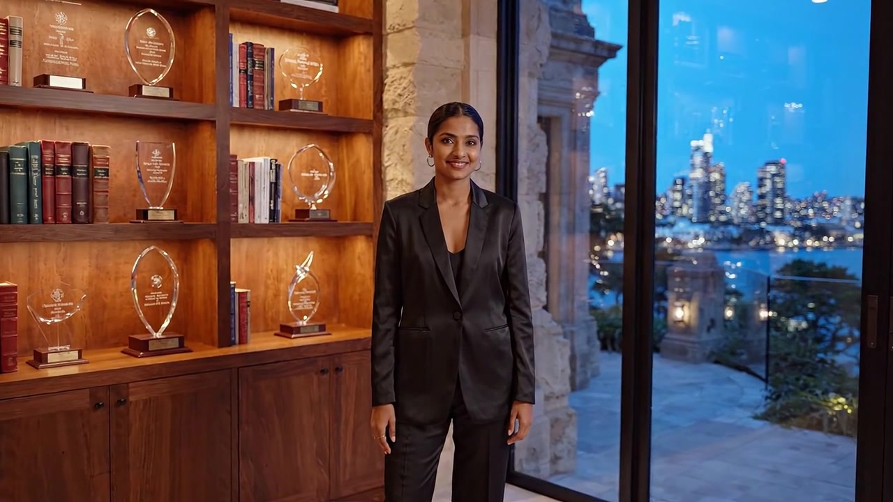 Una profesional segura posa elegantemente en una habitación exquisita con vistas panorámicas de la ciudad, exhibiendo premios y un fondo de biblioteca de buen gusto