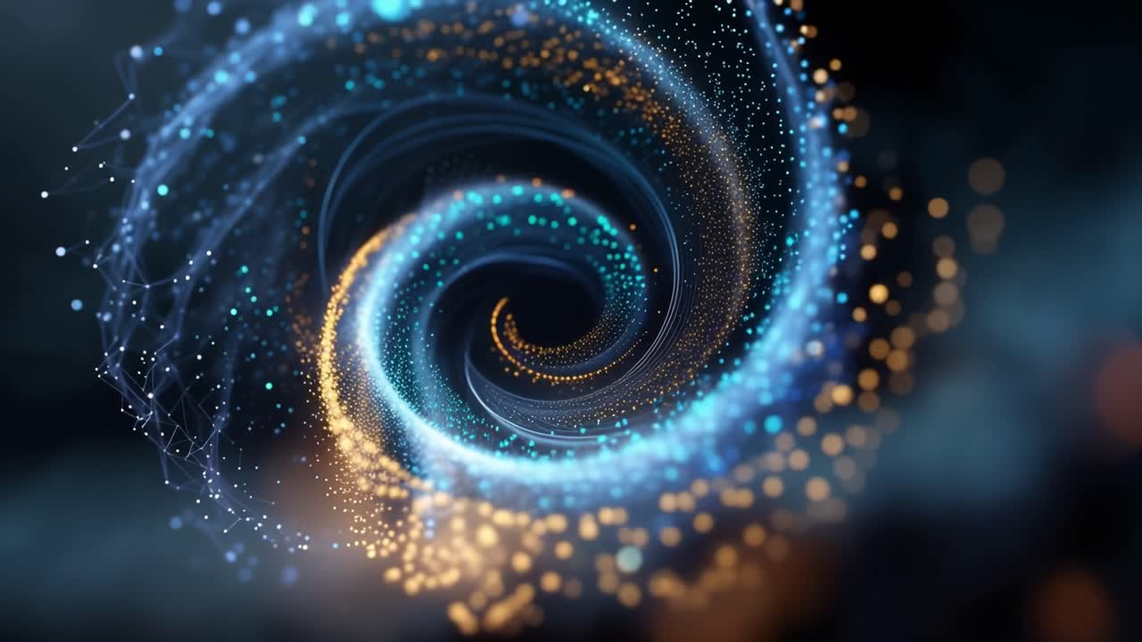 Un vortice gira con particelle luminose che turbinano verso l'interno. Scintille blu e dorate danzano attorno a un centro scuro. Luci distanti sfumano sullo sfondo, aggiungendo profondità. Ideale per temi cosmici, futuristici o magici.