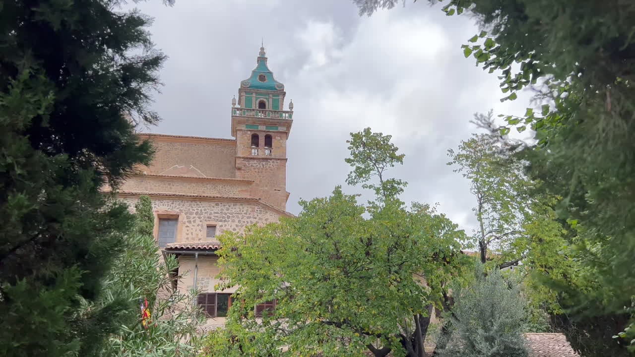 Moving frame with a tower in the mountain town of Valldemossa, Mallorca