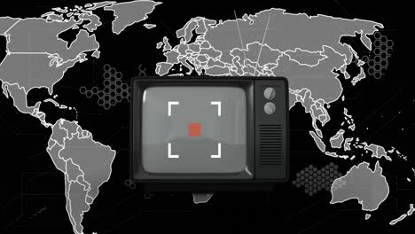 Animation-of-vintage-tv-and-world-map-on-black-background