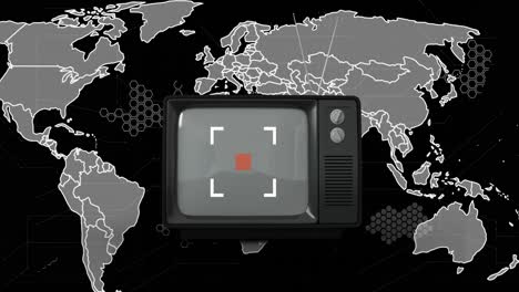 animation of vintage tv and world map on black background