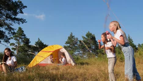 group of happy children resting on vacation in a tent camp group of happy children resting on vacation in a tent camp nature forest fresh air