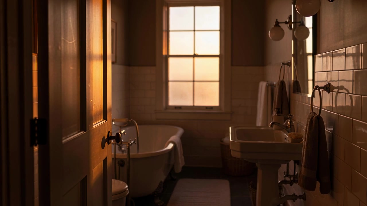 Moving camera revealing narrow bathroom at home, capturing warm light sliding across clawfoot tub