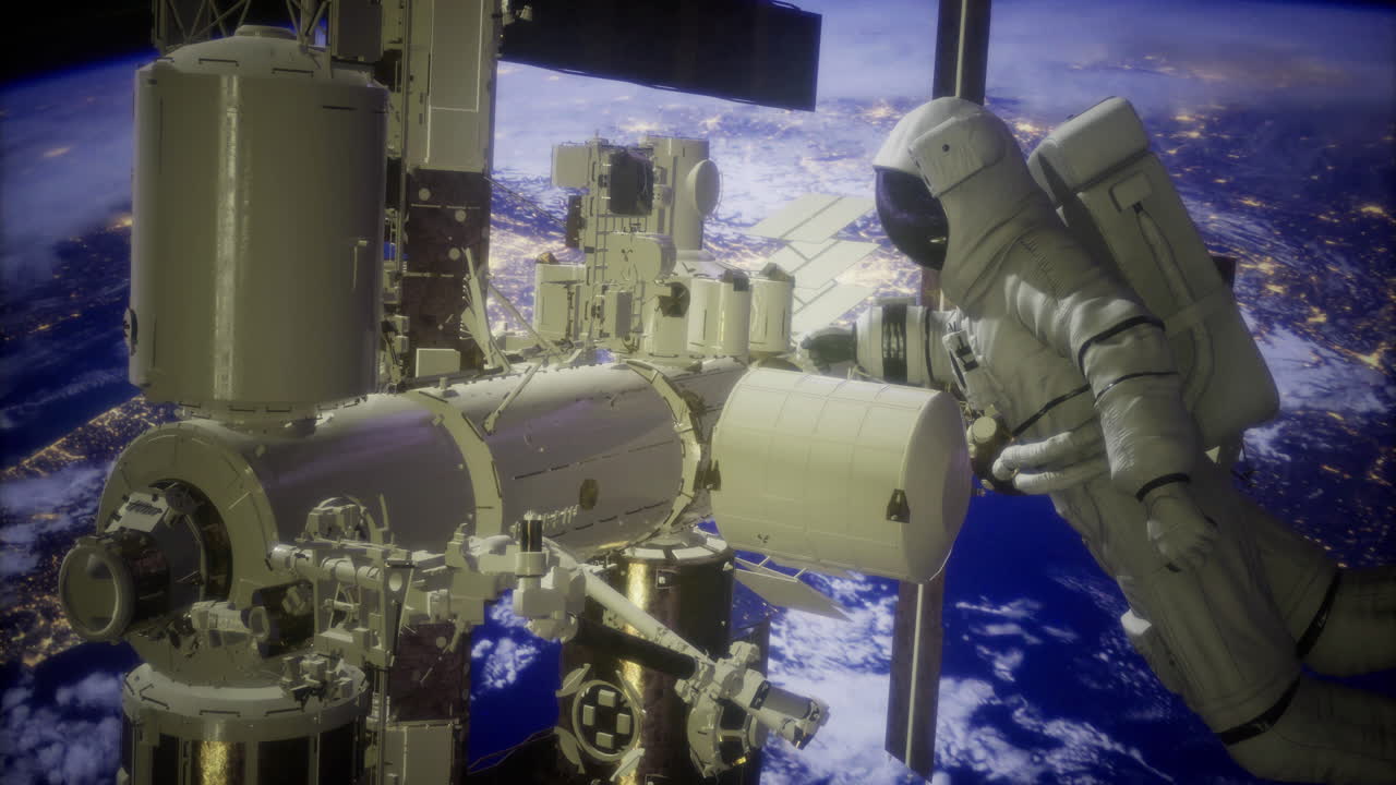 Astronaut performing repairs on space station above earth at night