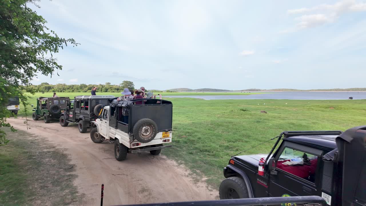A convoy of safari jeeps traveling through the scenic landscape of Kaudulla National Park, Sri Lanka, offering a thrilling wildlife adventure experience.