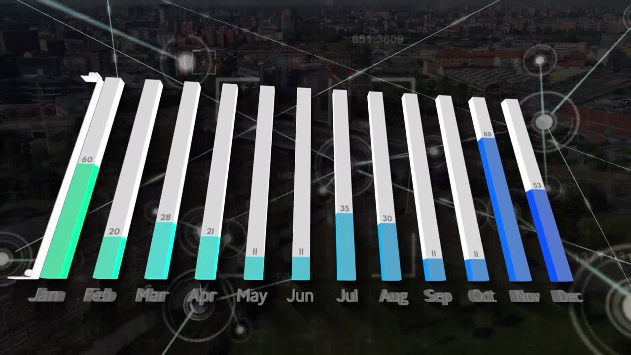 도시 풍경 위의 데이터 처리 애니메이션